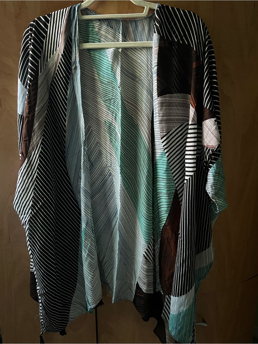 Striped Open Front Kimono with Teal and Brown Accents